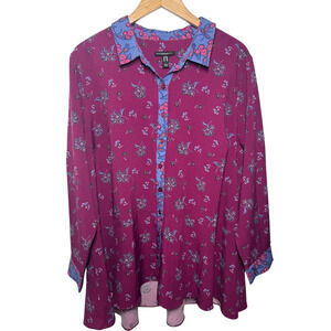 Isaac Mizrahi Top Women 22W Flower Shell Button Down Collared Long Sleeve Spring